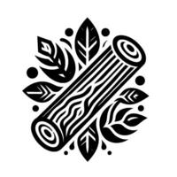 Stylized black and white of a log surrounded by leafy elements, forming a circular composition. vector