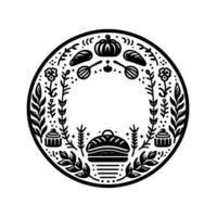 Circular blackandwhite illustration of baking elements within a floral frame, featuring bread, pumpkin, and pastries. vector