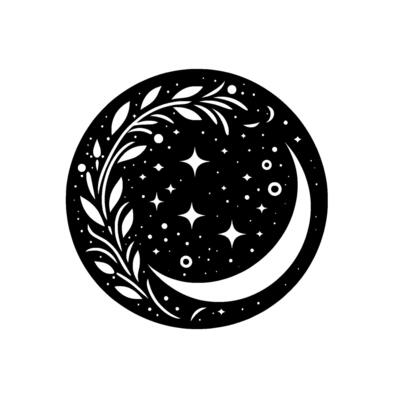 Celestial emblem a black circular featuring a crescent moon, stars, and a floral vine, evoking serenity and cosmic beauty.