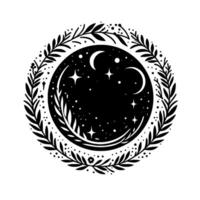 Celestial nightscape black and white illustration of a cosmic scene within a botanical wreath, featuring moons, stars, and leaves. vector