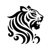 A stylized black and white tiger head in profile, depicting strength and ferocity, with flowing ornamental lines and intricate patterns. vector