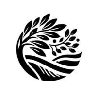 Monochromatic circular illustration silhouette of a tree with leaves and berries above a wavy landscape. vector