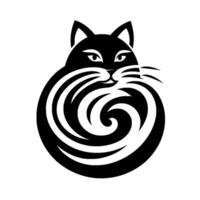 A stylized black cat with a swirling, spiralshaped body, minimalist design, and white background, creating a unique logolike illustration. vector