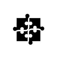 A black, interconnected fourpiece puzzle design, centrally positioned on a white background, with contrasting highcontrast silhouette. vector