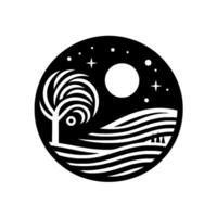 Stylized black and white night scene in a circle tree, moon, stars, hills, and trees. vector