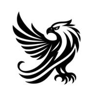 Bold black eagle emblem with spread wings, featuring tribalinspired lines and an intense, focused stare on a clean white backdrop. vector