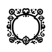 Ornate black and white frame with heart, swirls, and floral elements, circular border for embellishment. vector