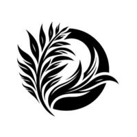 Monochrome botanical emblem featuring stylized leaves and a curved, rounded shape, evoking harmony and natural elegance on a white background. vector