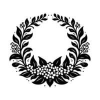 Symmetric black and white floral wreath with delicate blossoms and leaves on a white background. vector