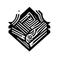 Bold, geometric black and white artwork features a symmetrical rhombus containing a stylized eye and linear patterns. vector