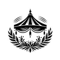 Elegant black and white illustration of a decorative pavilion with botanical wreath, geometric details and floral elements vector