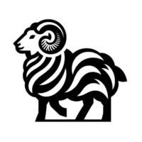 Stylized black and white ram illustration with intricate striped wool, curved horns, and a smiling expression, set against a white background. vector