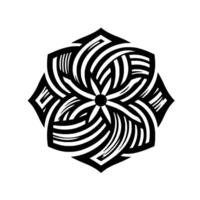Intricate black and white geometric floral mandala with a starshaped center and striated patterns on a white background. vector