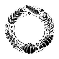 Decorative black white floral wreath with stylized pastries, dots, and botanical elements arranged in a circular frame. vector