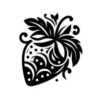 Ornate black white strawberry illustration featuring intricate floral and swirl patterns, on isolated white background vector