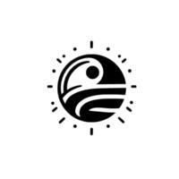 A stylized black and white featuring a sunlike emblem within a circle, incorporating abstract waves and radiating dots. vector