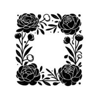 Black and white floral square frame design, featuring stylized roses, buds, leaves, and dots, isolated on a white background, a minimalist decorative element. vector