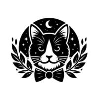 Elegant black and white cat portrait with bow tie and starry night background, surrounded by laurel wreath. vector