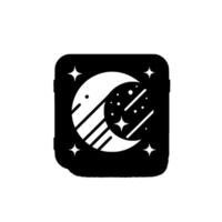 Abstract black white depicting a crescent moon, stars, and celestial elements within a rounded square frame, minimalist design. vector
