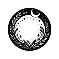 Celestial botanical crest a monochrome circular features leaves, stars, a crescent moon, and dots, creating a mystical, naturalistic border. vector