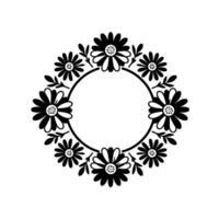 Monochromatic floral wreath a circular arrangement of black and white daisies, leaves, and a central blank circle, in a simple, clean design. vector