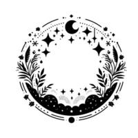 Celestial wreath a circular black and white illustration depicting a crescent moon, stars, foliage, and clouds creating a mystical, dreamy design. vector