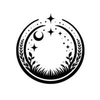 Celestial night scene within a circular frame, featuring a crescent moon, stars, foliage and grass, rendered in bold black lines. vector