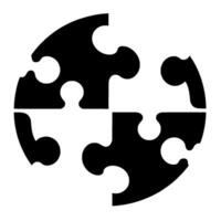 Abstracted circular jigsaw puzzle illustration in black, white, and gray with four pieces, minimalist design. vector