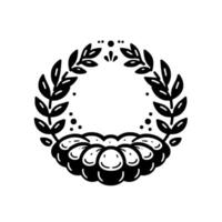 Black and white minimalist circular design, featuring olive branch wreath, stylized cloudlike base, and dot embellishments, creating a decorative frame. vector