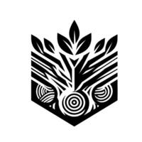 Symmetrical, stylized black and white featuring a shieldlike shape with leaves, nested circles, and a tribal aesthetic. vector