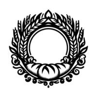 Monochromatic floral emblem with circular central void, featuring wheat, leaves, and decorative elements. vector