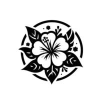 A symmetrical, black and white, stylized hibiscus flower encompassed within a circular frame, showcasing petals, leaves, and subtle floral accents. vector