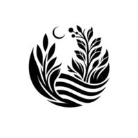 A stylized black and white botanical illustration featuring foliage, a crescent moon, and a striped base, contained within a circular frame. vector