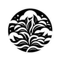 Stylized black and white botanical illustration in a circle frame featuring leaves, clouds, and dots. vector