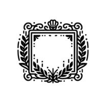 Intricate black and white square frame featuring floral and ornamental elements, ideal for invitations, logos, or decorative art. vector
