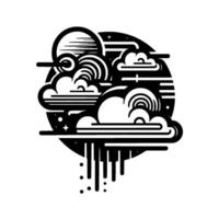 Abstract black and white celestial composition sun, clouds, stars, and rainfall within a circular frame. vector