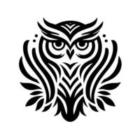 Minimalist monochrome owl illustration symmetrical of a majestic bird with striated feathers and intense gaze, against white backdrop. vector