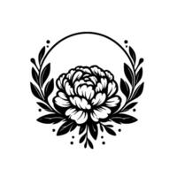 Elegant black and white floral crest design a peony surrounded by a wreath with leaves and dots within a circular frame. vector