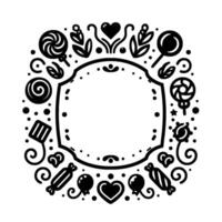 Decorative blackandwhite ornate frame with sweets, hearts, swirls and empty center, illustration. vector