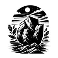 Stylized black and white mountainscape with moon, stars, foliage, and geometric composition in a circular frame. vector
