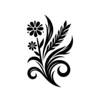 Minimalist black and white floral composition featuring two flowers, wheat, leaves, and scroll elements. vector