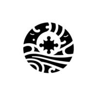 Black and white circular with an isolated jigsawlike element in the center, surrounded by wavelike patterns, on a white background. vector