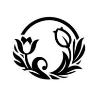 Elegant black and white floral emblem symmetrical with two tulips, leaves, and circular frame on white background. vector