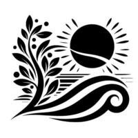 Black and white minimalist art sun, stylized waves, and a leafy branch, creating a serene, natureinspired composition. vector