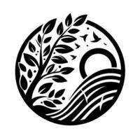 Elegant black and white circular of a tree, sun, field birds, minimalist design, nature theme. vector