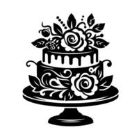 Elegant twotiered black and white cake silhouette, adorned with floral decorations, leaves, and intricate patterns, set on a pedestal. vector