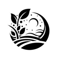 Stylized black and white circle logo leaves, crescent moon, dots, and rolling landscape elements, creating a minimalist nature scene. vector
