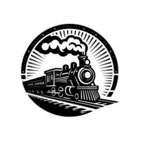 Classic black and white steam train illustration within circular frame with sunburst and detailed lines. vector