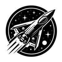 Stylized black and white rocket ship blasting off in space, inside a circular universe design. vector