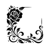 Elegant black and white floral corner with a rose, leaves, and decorative vines, ideal for a decorative border or element. vector